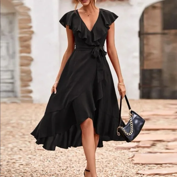 Boho ruffle hem belted midi dress - Picture 2 of 8